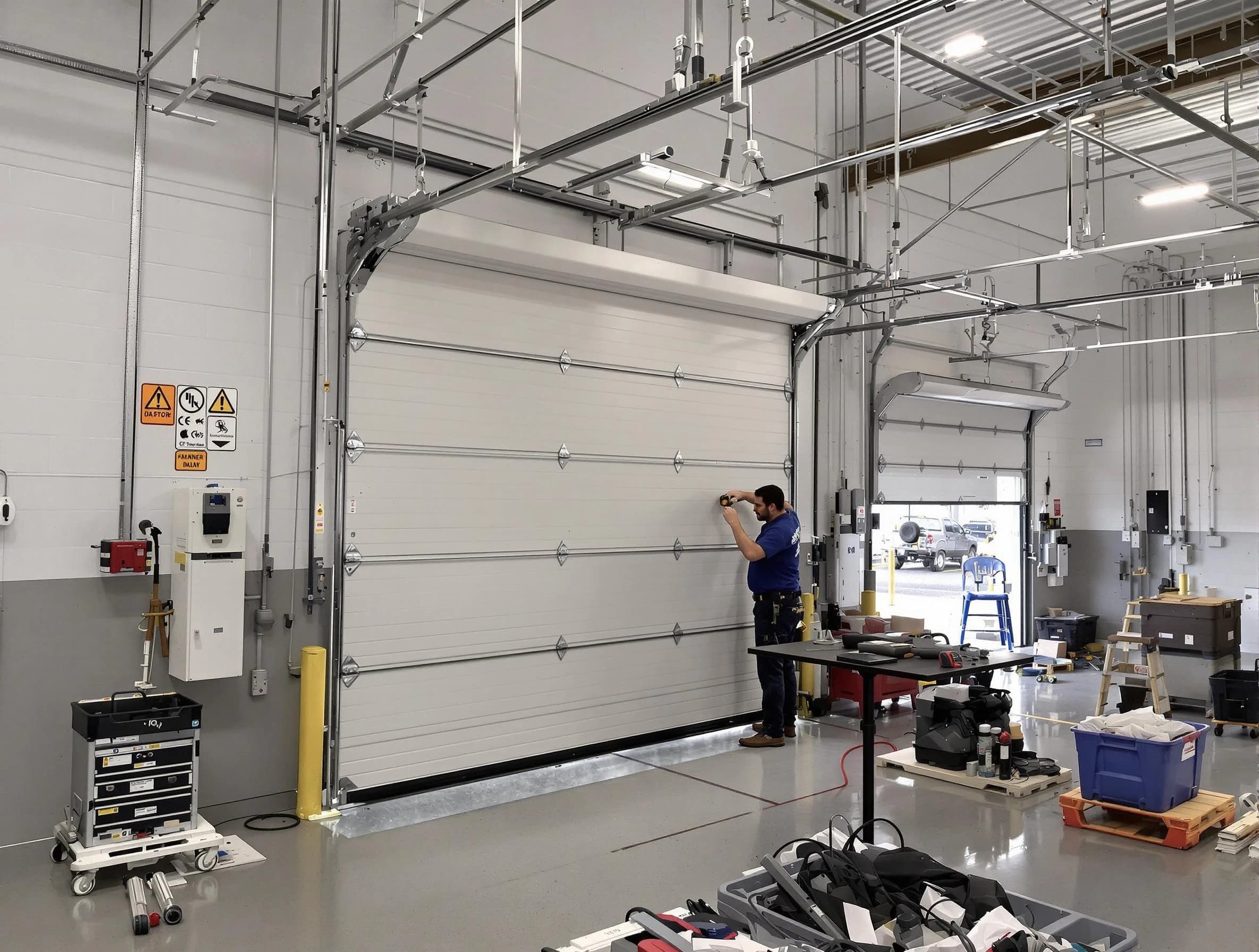 Commercial garage door repair being performed by Lochbuie Garage Door Repair expert in Lochbuie