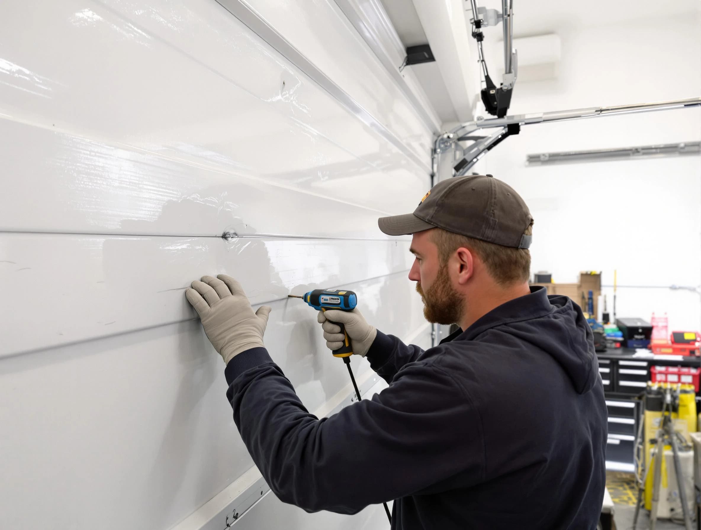 Lochbuie Garage Door Repair technician demonstrating precision dent removal techniques on a Lochbuie garage door